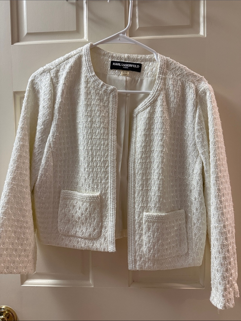 Karl Lagerfeld Cream Textured Tweed Collarless Jacket